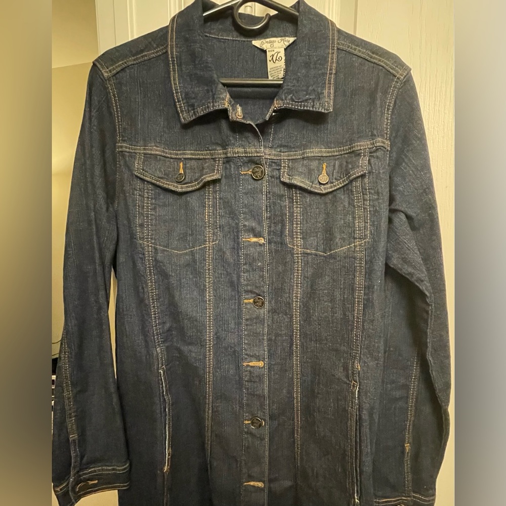 Above knee length button up denim jacket size XL